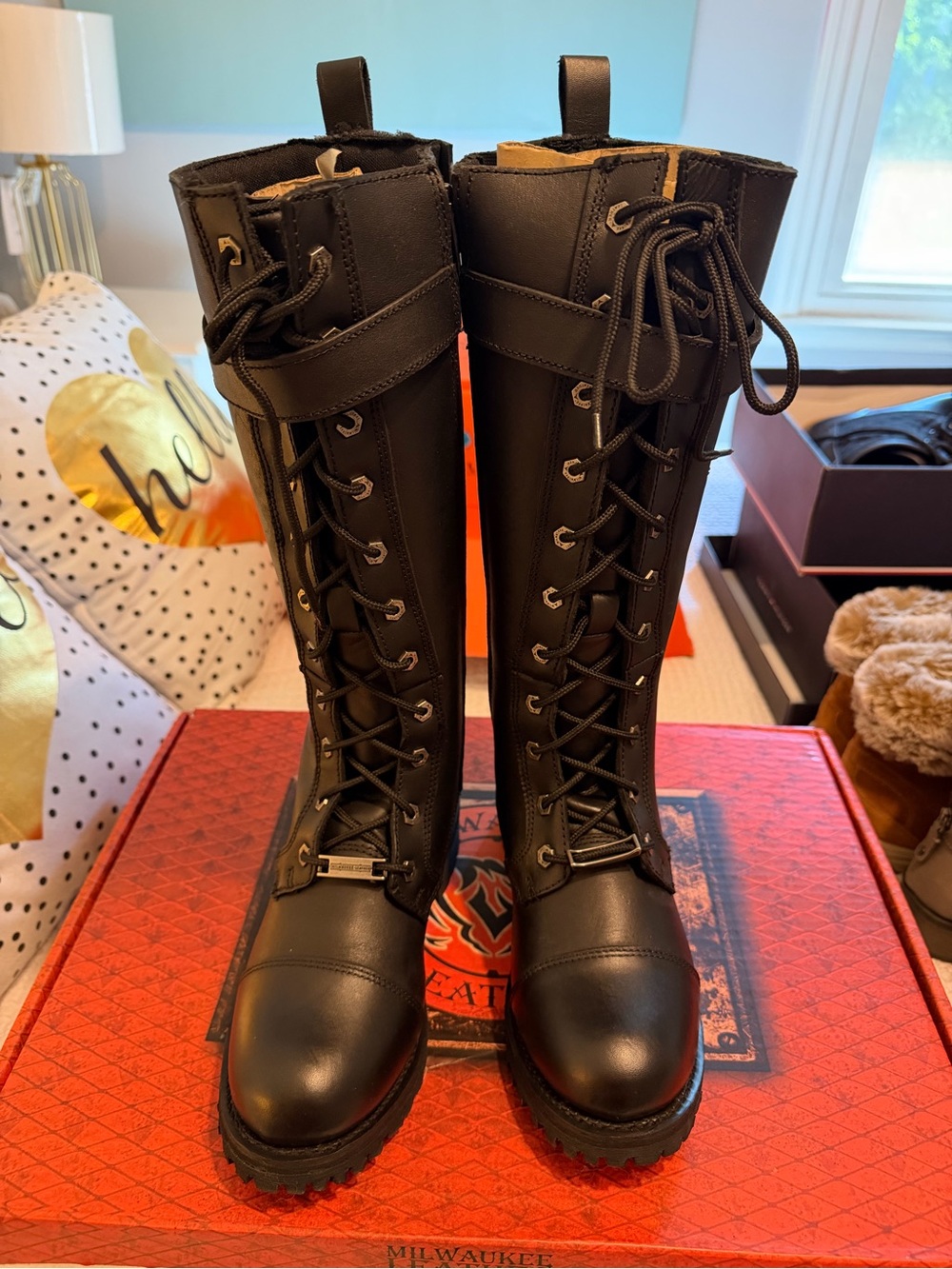 Tall Black Lace-Up Combat Boots with Strap Detail
